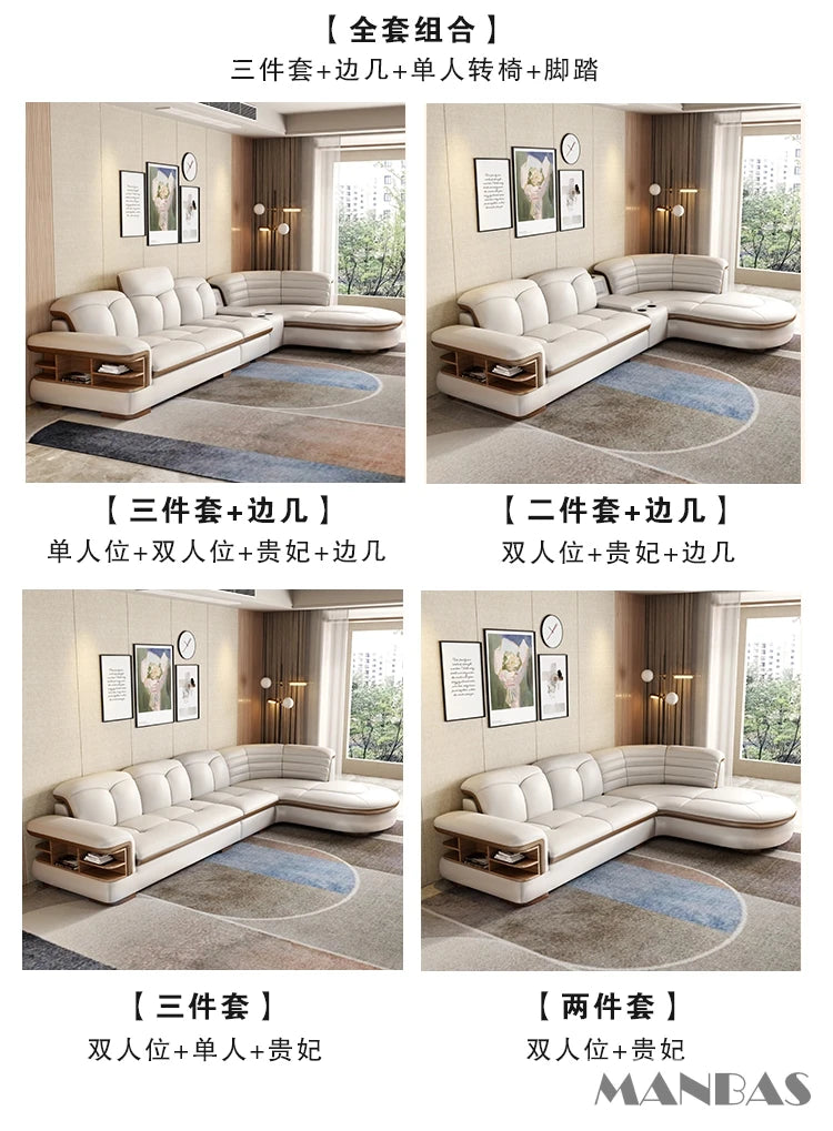 Luxury L-Shaped Genuine Leather Sectional Sofa Sets with USB, Bluetooth Speaker - MINGDIBAO Living Room Italian Leather Couches