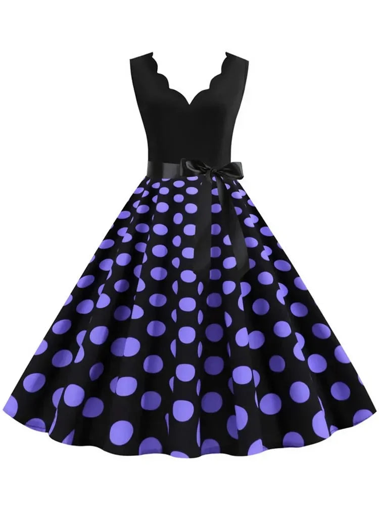 2025 New Vintage Polka Dot Print Women Summer Dress 50s Retro Patchwork Sleeveless V Neck Elegant Party Casual Robe Midi Dresses