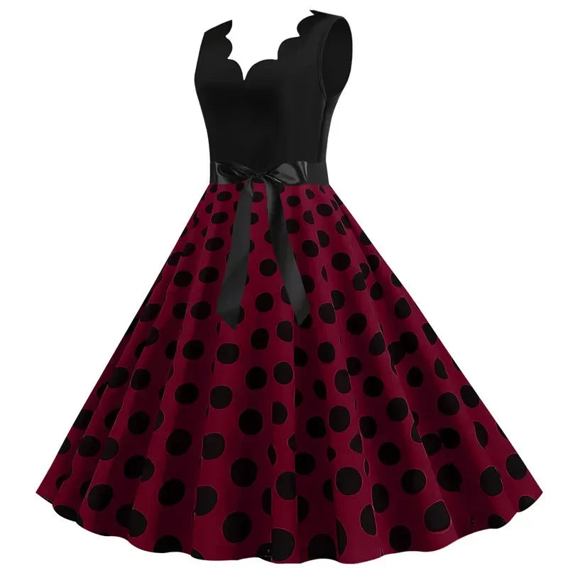2025 New Vintage Polka Dot Print Women Summer Dress 50s Retro Patchwork Sleeveless V Neck Elegant Party Casual Robe Midi Dresses