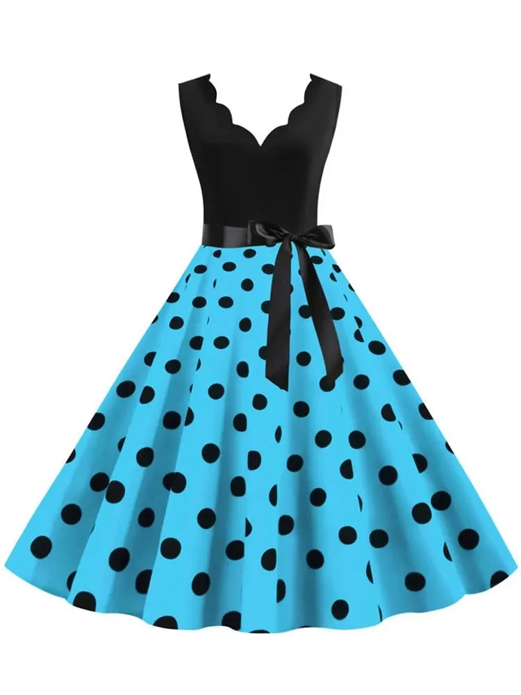 2025 New Vintage Polka Dot Print Women Summer Dress 50s Retro Patchwork Sleeveless V Neck Elegant Party Casual Robe Midi Dresses