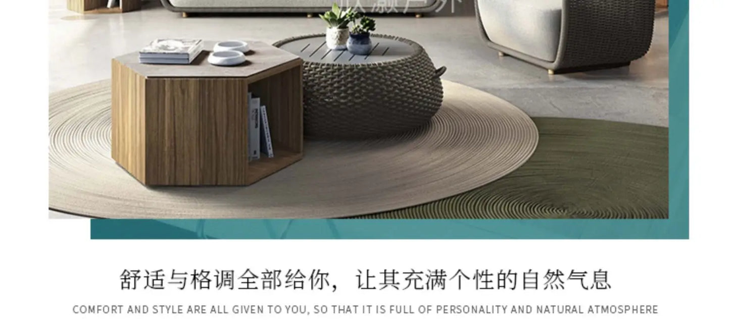Outdoor Sofa Courtyard Villa Living Room. Waterproof Rope Design. Rattan Combination Furniture. Solid Wood Coffee Table.