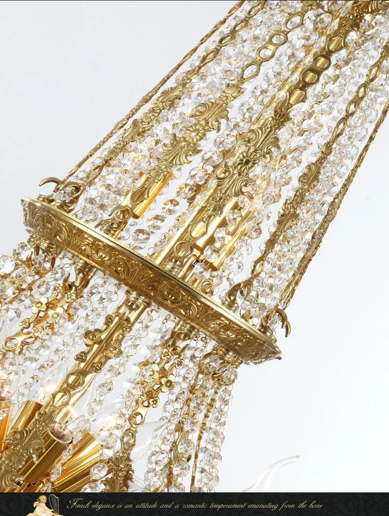 French Classical Brass Crystal Large Chandelier-Loft-Villa-Hall-Hotel Lobby Lamp