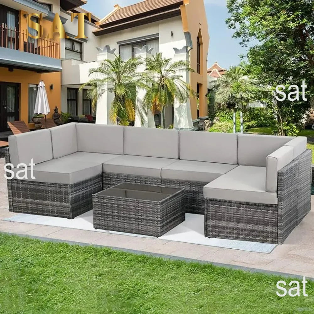 7-Piece Patio Furniture Set-Modular Wicker Outdoor Sectional Sofa Rattan With Pillow-top Cushions and Coffee Table