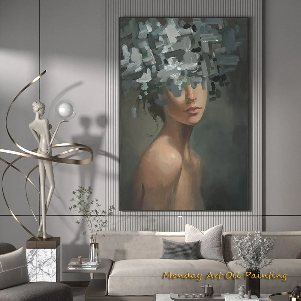 Hand Painted Abstract Woman Faceless Portrait Oil Painting Artwork Original Flower Figurative Art Home Decor