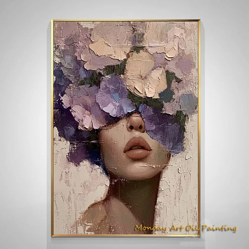 Hand Painted Abstract Woman Faceless Portrait Oil Painting Artwork Original Flower Figurative Art Home Decor