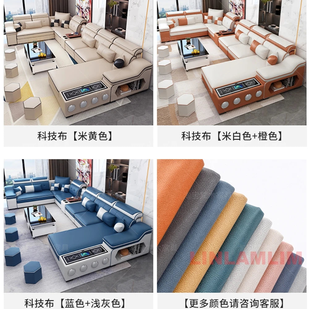 Modern Scientific Cloth Sectional Sofa Set with Chaise Lounge, Bluetooth Speakers, and USB Charging Ports for Living Room