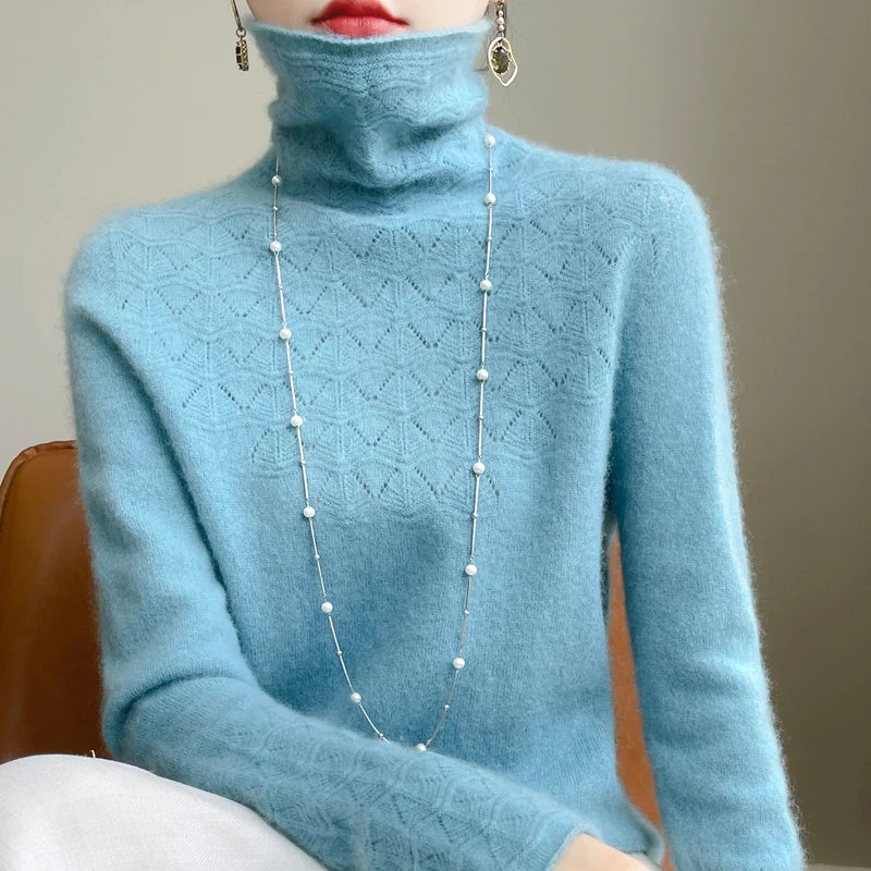 Fashion Cashmere Jumper 100% Merino Wool Pullover Winter High Neck Solid Long Sleeve Women's Seamless Hollow out Knitted Sweater