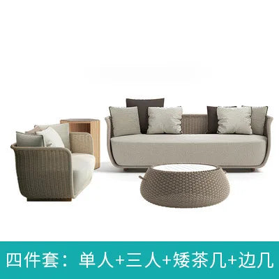Outdoor Sofa Courtyard Villa Living Room. Waterproof Rope Design. Rattan Combination Furniture. Solid Wood Coffee Table.