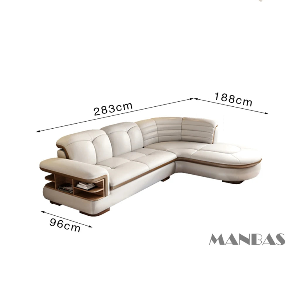 Luxury L-Shaped Genuine Leather Sectional Sofa Sets with USB, Bluetooth Speaker - MINGDIBAO Living Room Italian Leather Couches
