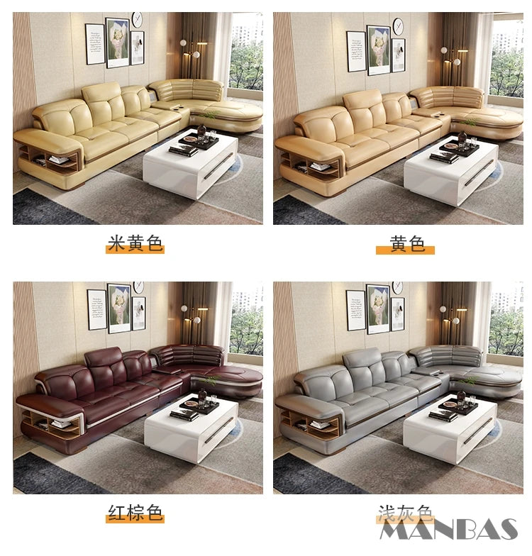 Luxury L-Shaped Genuine Leather Sectional Sofa Sets with USB, Bluetooth Speaker - MINGDIBAO Living Room Italian Leather Couches