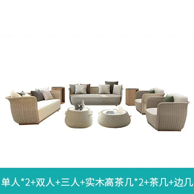 Outdoor Sofa Courtyard Villa Living Room. Waterproof Rope Design. Rattan Combination Furniture. Solid Wood Coffee Table.