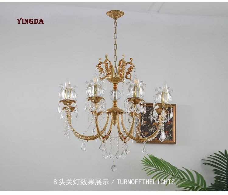 All Copper European Crystal Lamp, American Medieval Chandelier, French Living Room Lamp, Villa Classical Restaurant Lamp