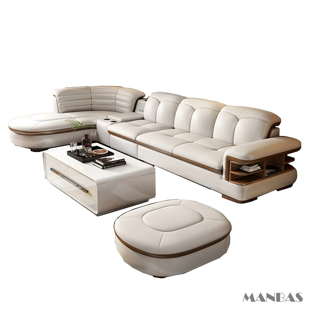 Luxury L-Shaped Genuine Leather Sectional Sofa Sets with USB, Bluetooth Speaker - MINGDIBAO Living Room Italian Leather Couches