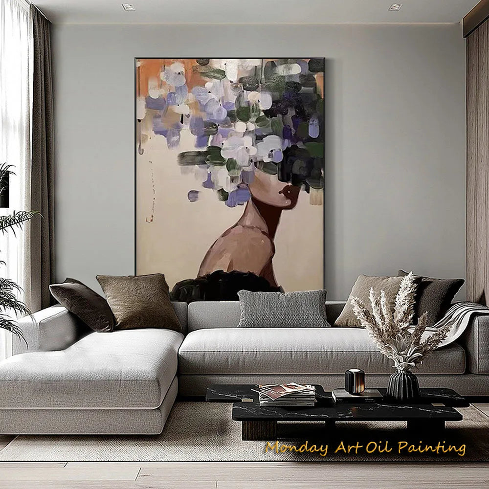 Hand Painted Abstract Woman Faceless Portrait Oil Painting Artwork Original Flower Figurative Art Home Decor