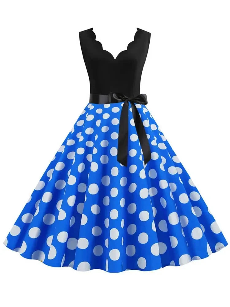 2025 New Vintage Polka Dot Print Women Summer Dress 50s Retro Patchwork Sleeveless V Neck Elegant Party Casual Robe Midi Dresses