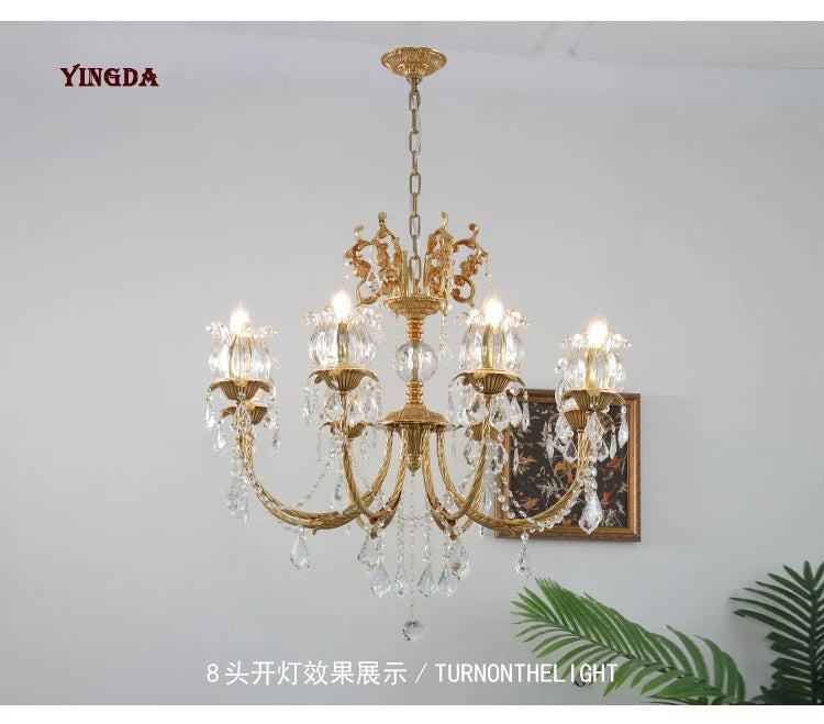 All Copper European Crystal Lamp, American Medieval Chandelier, French Living Room Lamp, Villa Classical Restaurant Lamp
