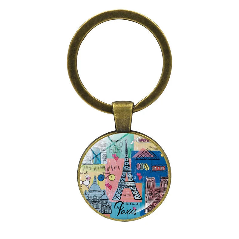 Paris Souvenirs Gifts Keychain France Eiffel Tower, Triumphal Arch, National Flag Glass Pendants