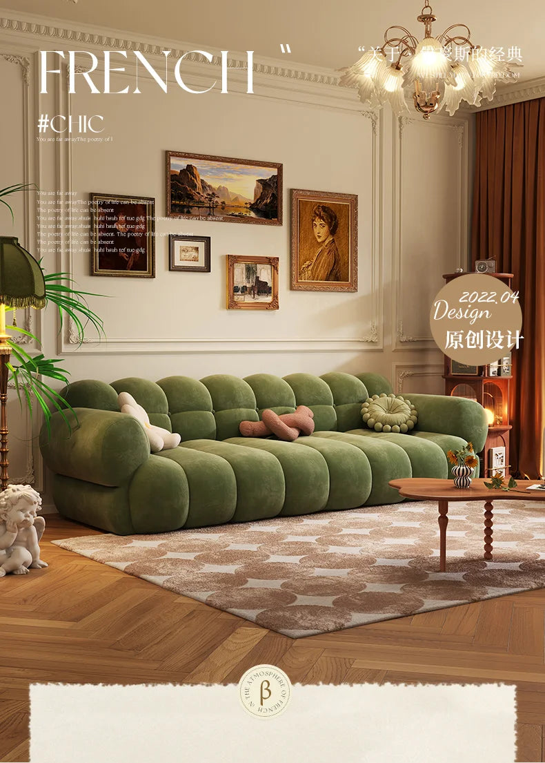 French retro green sofa, cotton candy, straight row cream style, small living room, piano keys, lamb plush sofa