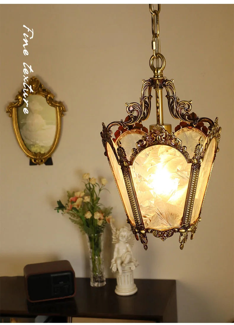 French-Style Retro Copper Ice Flower Glass Small Chandelier Bedside Balcony Porch Pendant Lighting Cloakroom Hanging Lamp