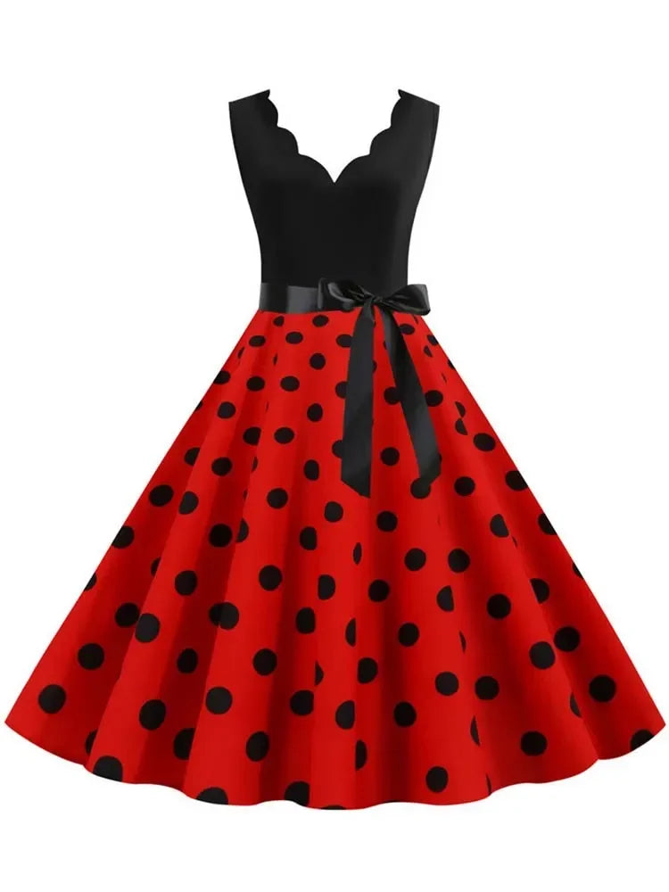 2025 New Vintage Polka Dot Print Women Summer Dress 50s Retro Patchwork Sleeveless V Neck Elegant Party Casual Robe Midi Dresses