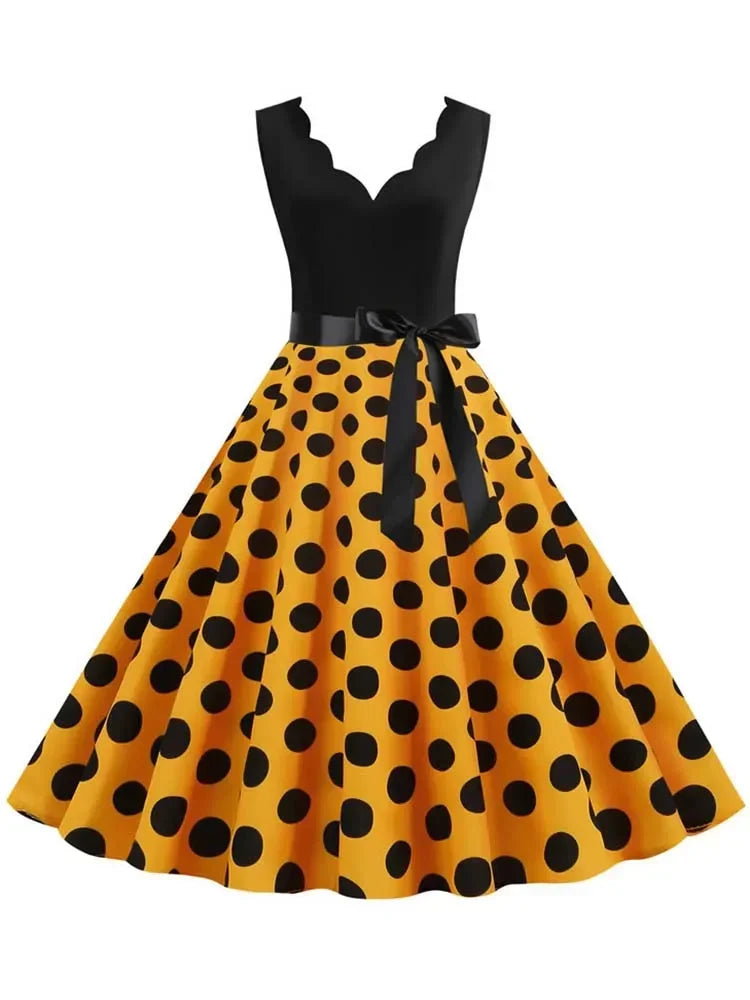 2025 New Vintage Polka Dot Print Women Summer Dress 50s Retro Patchwork Sleeveless V Neck Elegant Party Casual Robe Midi Dresses