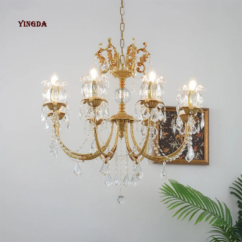All Copper European Crystal Lamp, American Medieval Chandelier, French Living Room Lamp, Villa Classical Restaurant Lamp