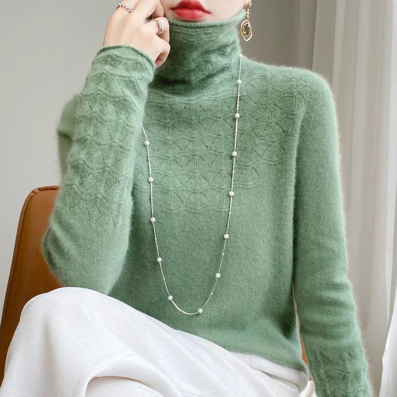 Fashion Cashmere Jumper 100% Merino Wool Pullover Winter High Neck Solid Long Sleeve Women's Seamless Hollow out Knitted Sweater
