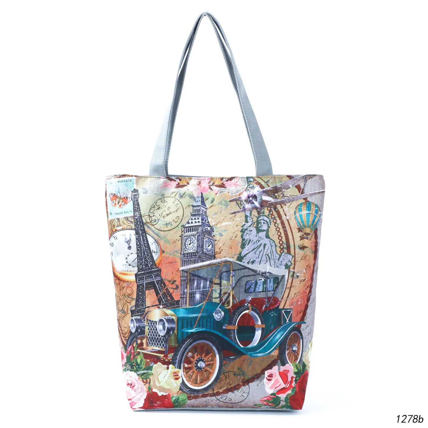 Floral Eiffel Tower Print Tote Bag Paris Landscape Shoulder Bag Fashion Pretty Handbags High Capacity Shopping Bag Eco Beach Bag