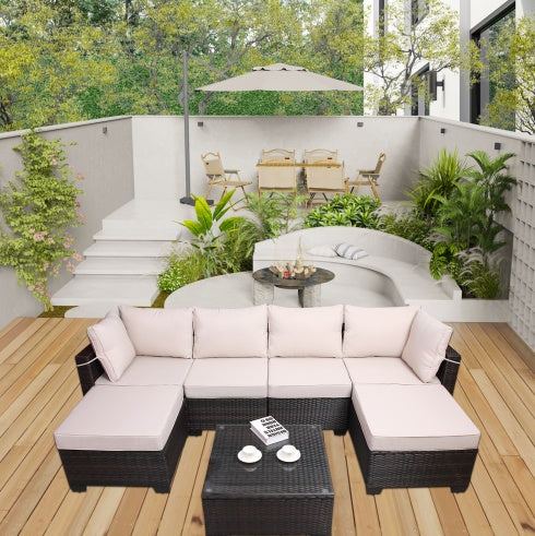 Outdoor Garden Patio Furniture 7 Piece Rattan/Wicker Cushioned Sofa Sets And Coffee Table