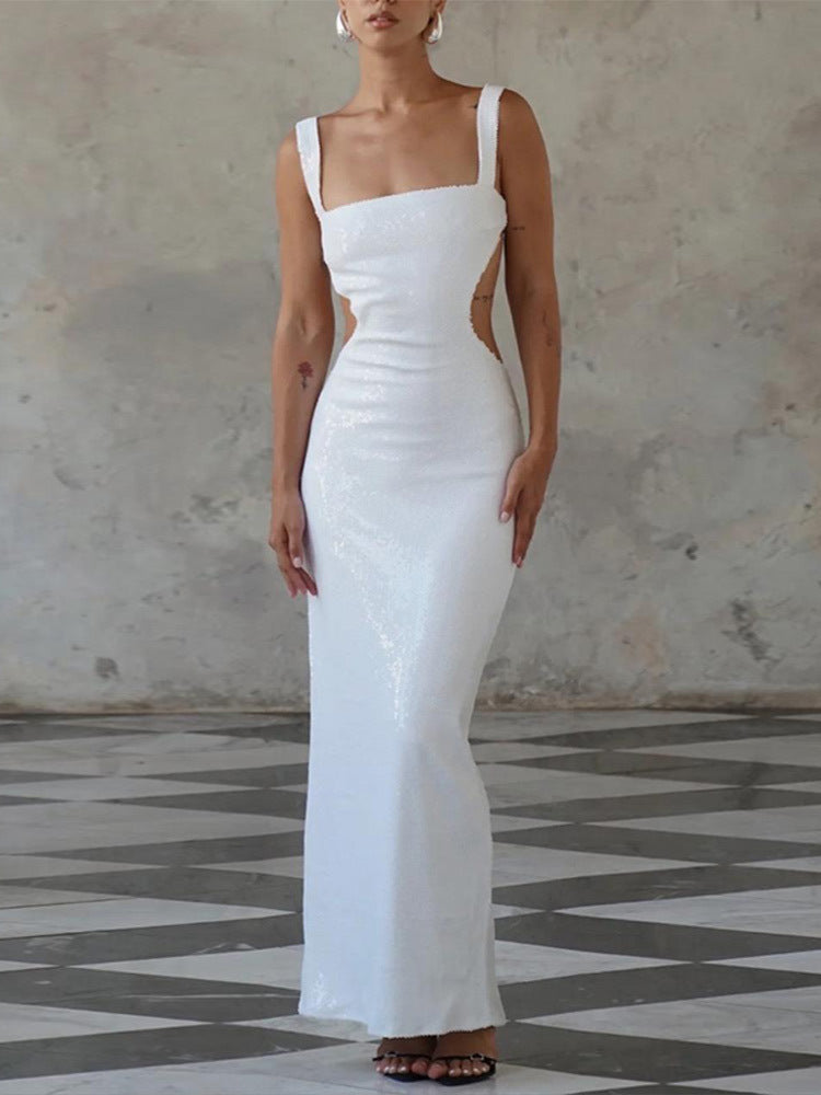 Elegant Sequin Sling Square Collar Backless Dress