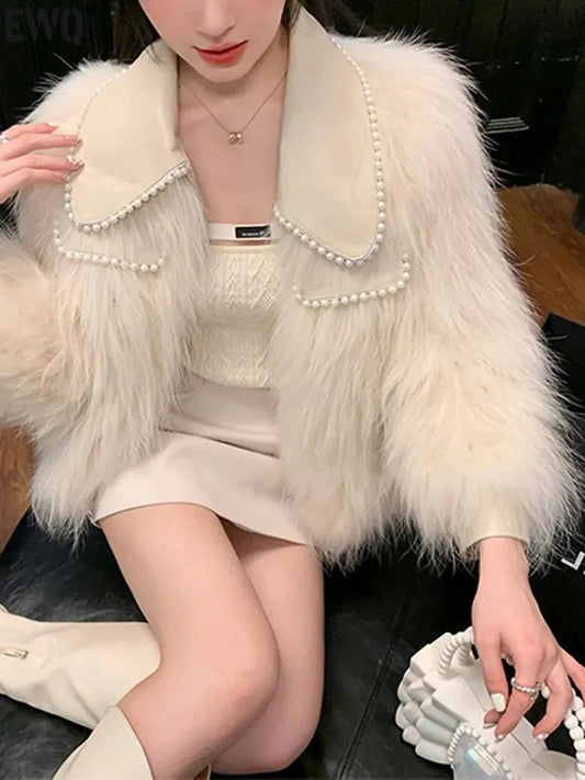 Luxury High-end Pearl Patchwork Lapel Long Sleeve Fur Coats Casual Loose Feather Women Jacket Autumn New Tide