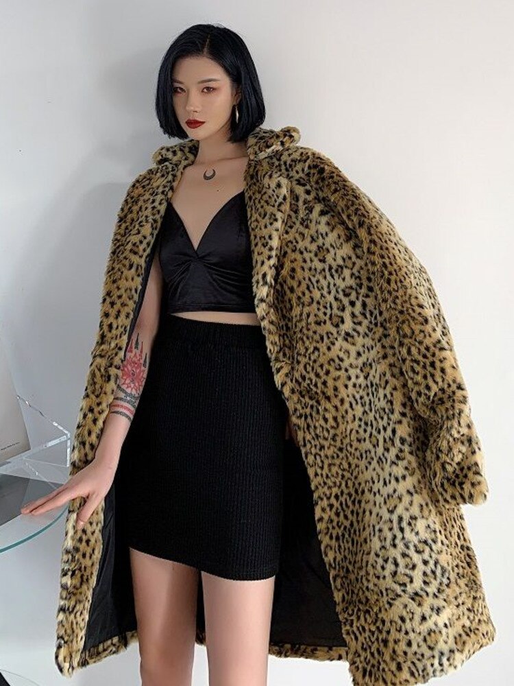 Celebrity Leopard Coat Trend Brand Fashionable Thick Fur Mid Length Outerwear