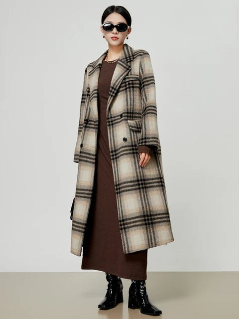 Vintage Plaid Woolen Coat For Women Fashion Notched Collar Contrast Color Straight Blends Jacket Autumn