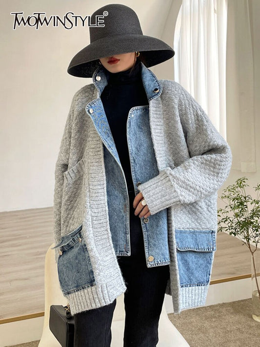 Vintage Colorblock Jacket For Women Lapel Long Sleeve Patchwork Denim Casual Jackets Female Autumn Clothing Fashion