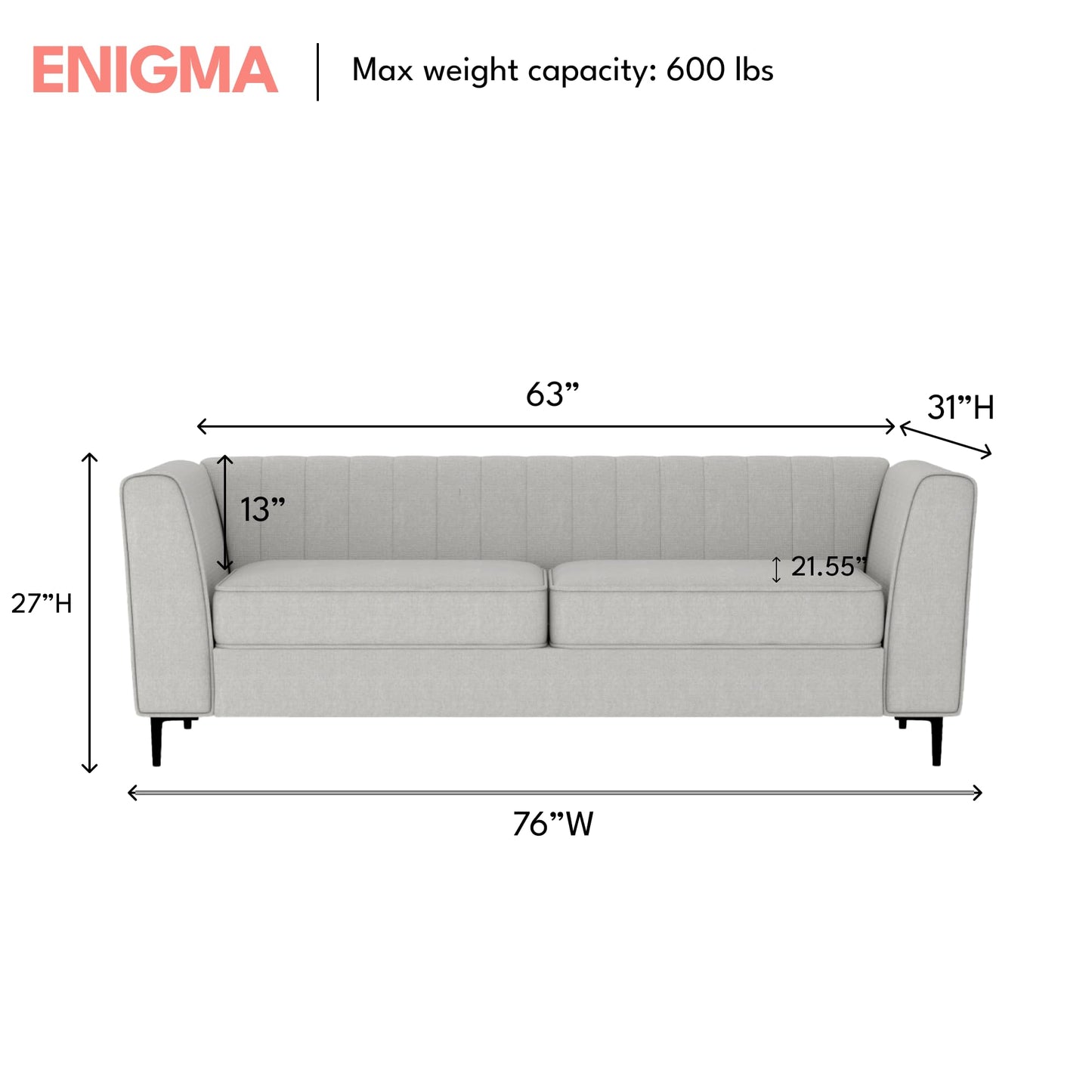 Aykah Enigma 3 Seater Sofa, Modern Upholstered Comfortable Sofa 76" with Channel Tufting, Armrest, Metal Legs, Perfect for Living Room Furniture or Bedroom (Linen, Oat)