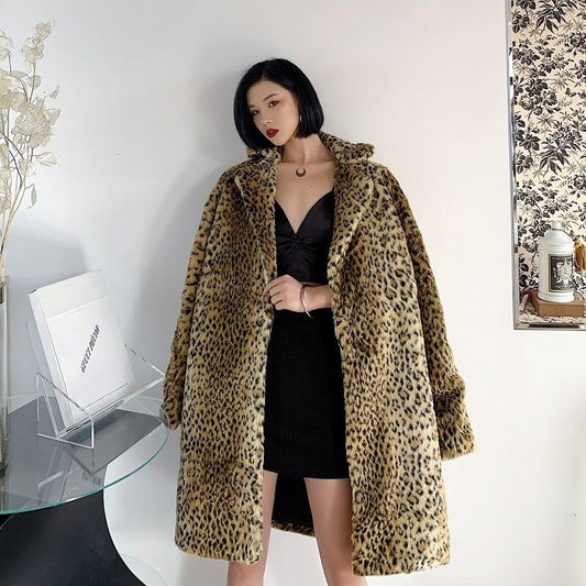 Celebrity Leopard Coat Trend Brand Fashionable Thick Fur Mid Length Outerwear