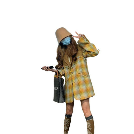 Hit Color Straight Blazer For Women Notched Collar Long Sleeve Patchwork Raw Hem Plaid Blazers Female Clothing Vintage