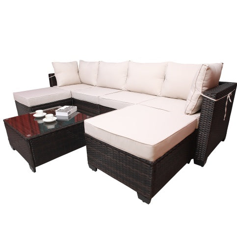 Outdoor Garden Patio Furniture 7 Piece Rattan/Wicker Cushioned Sofa Sets And Coffee Table