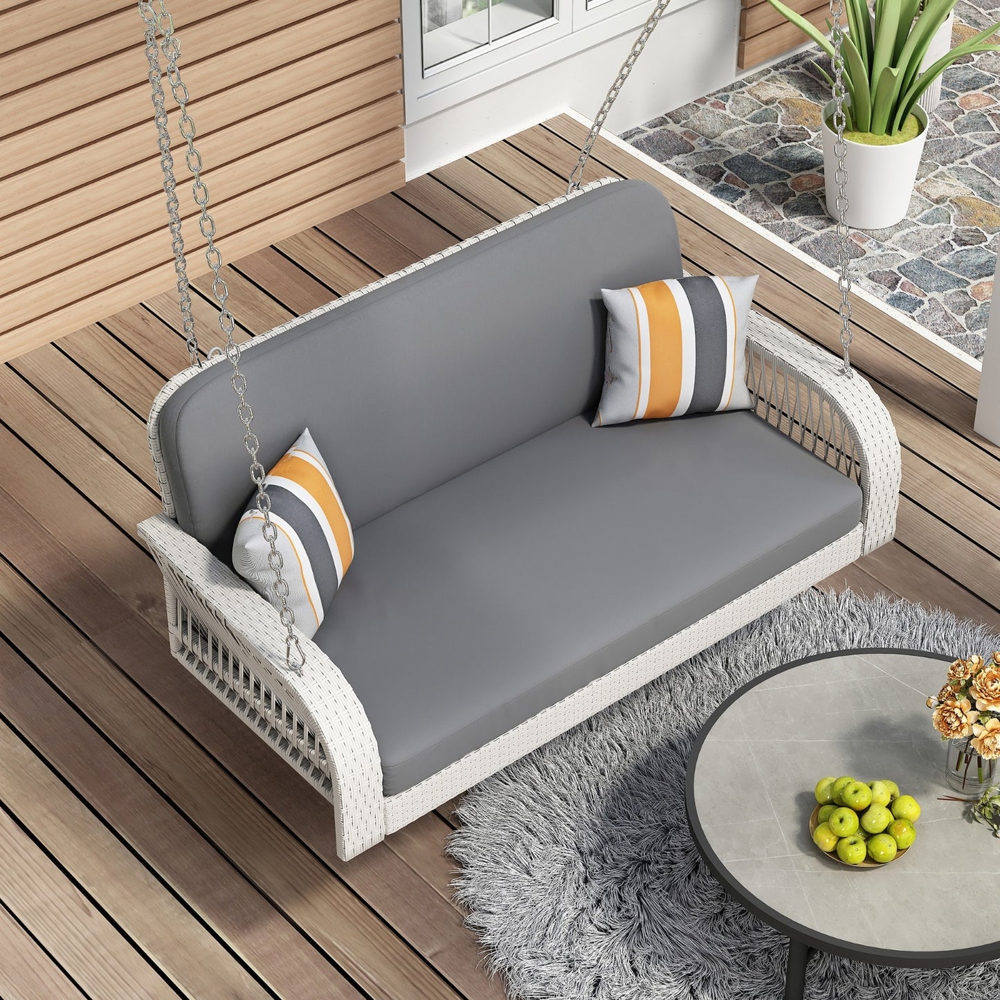 Wicker Porch Swing, 2-Seater Hanging Bench With Chains
