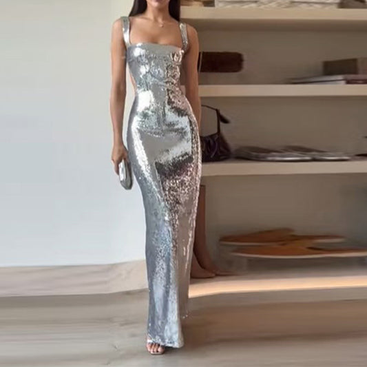 Elegant Sequin Sling Square Collar Backless Dress