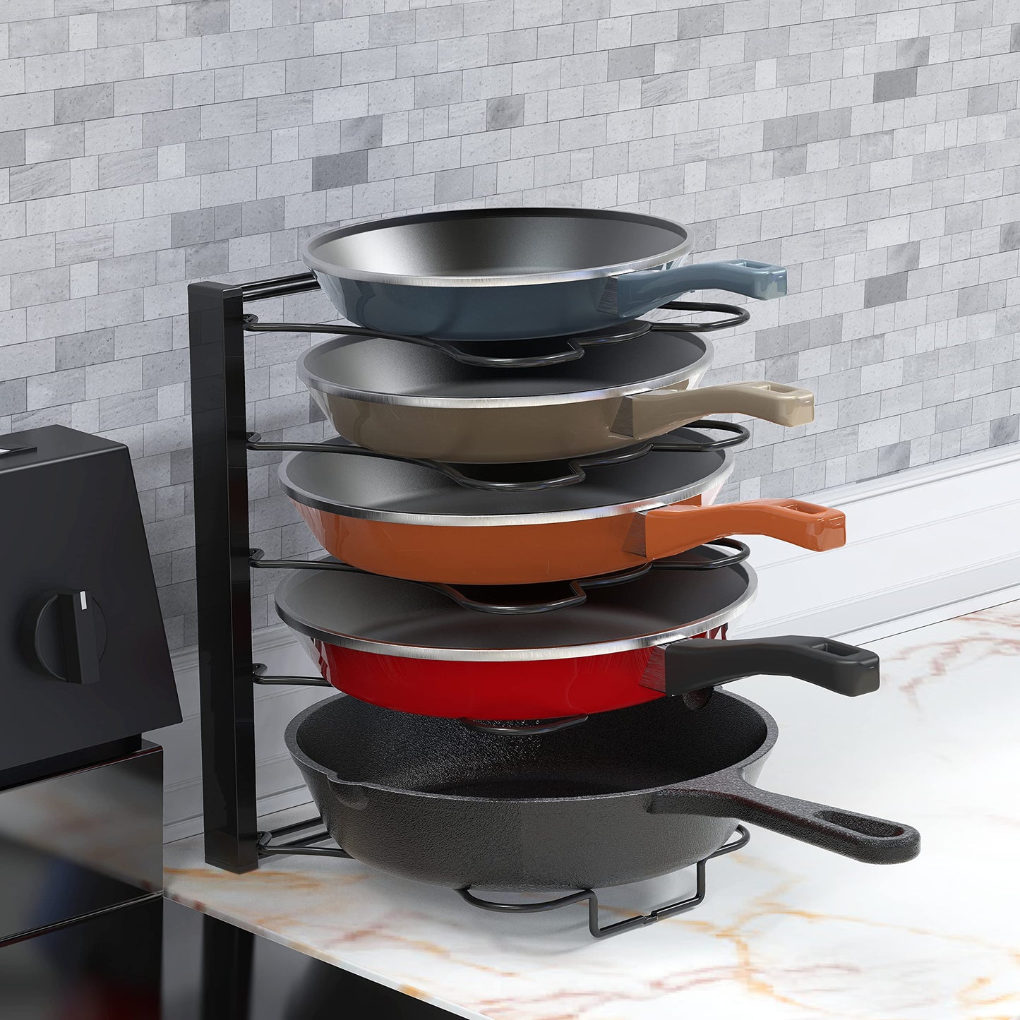 Practical 5 Compartments Height Adjustable Pan Rack Organizer for Kitchen Storage, Black