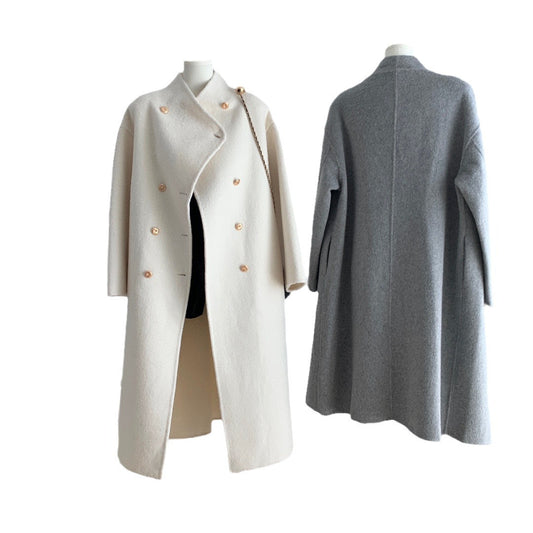 French Solid Minimalist Woolen Overcoat For Women High Waist Big Lapel Double Breasted Long Sleeve Coats Female New