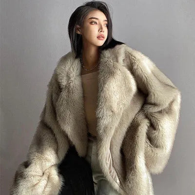 High Quality Faux Fox Fur Jacket Women Winter Thick Warm Overcoat Lapel Fashion Fur Coat Female Streetwear Loose Plush Coats