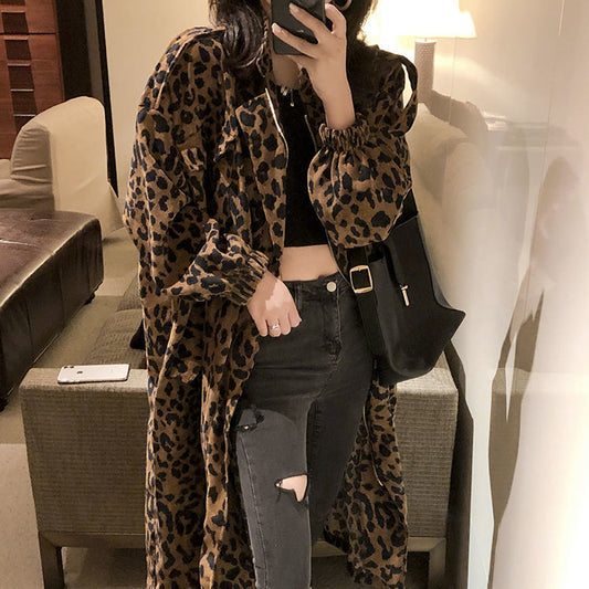 New Women's Casual Leopard Trench Coat Oversize Vintage Casual Spring Autumn  windbreaker Outwear Loose Clothing