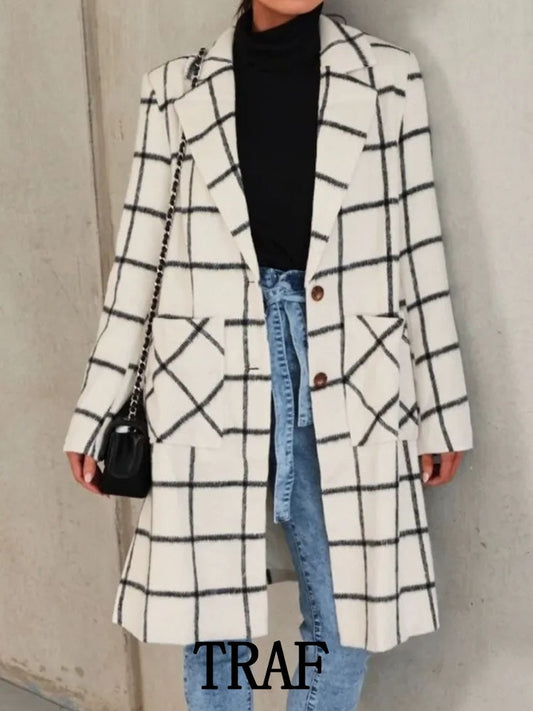 Woman’s Woollen Lattice Long Coat Fashion Single Breasted Turn Down Collar Coat Elegant Long Sleeve Female Overcoat