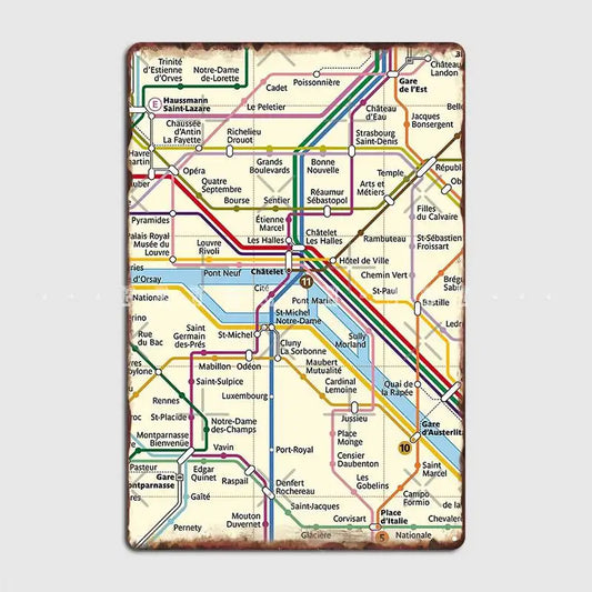 Paris Metro Map Poster Metal Plaque