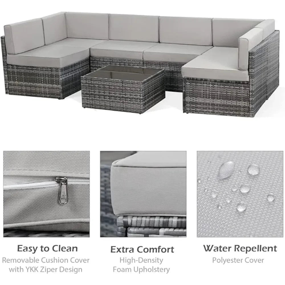 7-Piece Patio Furniture Set-Modular Wicker Outdoor Sectional Sofa Rattan With Pillow-top Cushions and Coffee Table