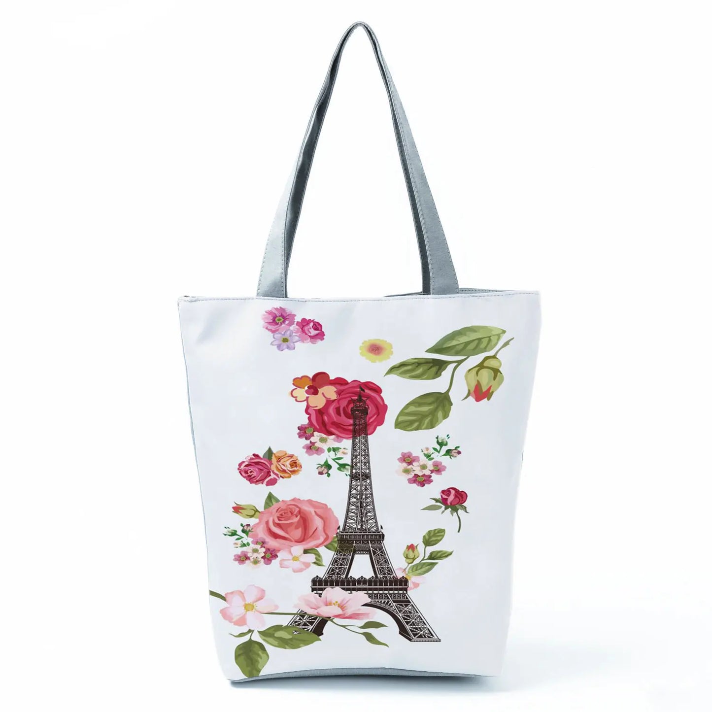 Floral Eiffel Tower Print Tote Bag Paris Landscape Shoulder Bag Fashion Pretty Handbags High Capacity Shopping Bag Eco Beach Bag