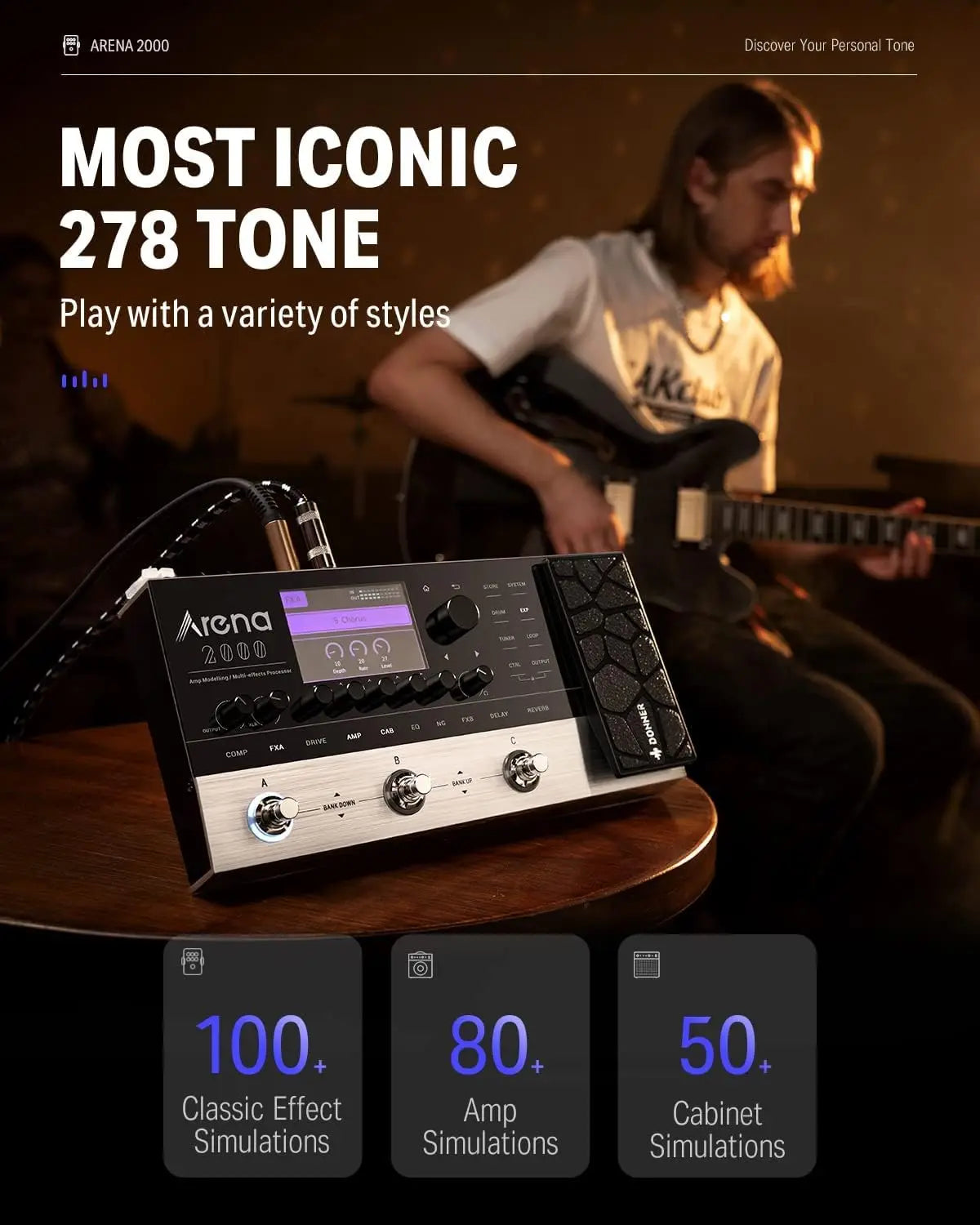 Donner Arena 2000 Multi-effect Pedal 278 Effects IR AMP Drum Looper MIDI In Effector with Softwear APP for Electric Guitar