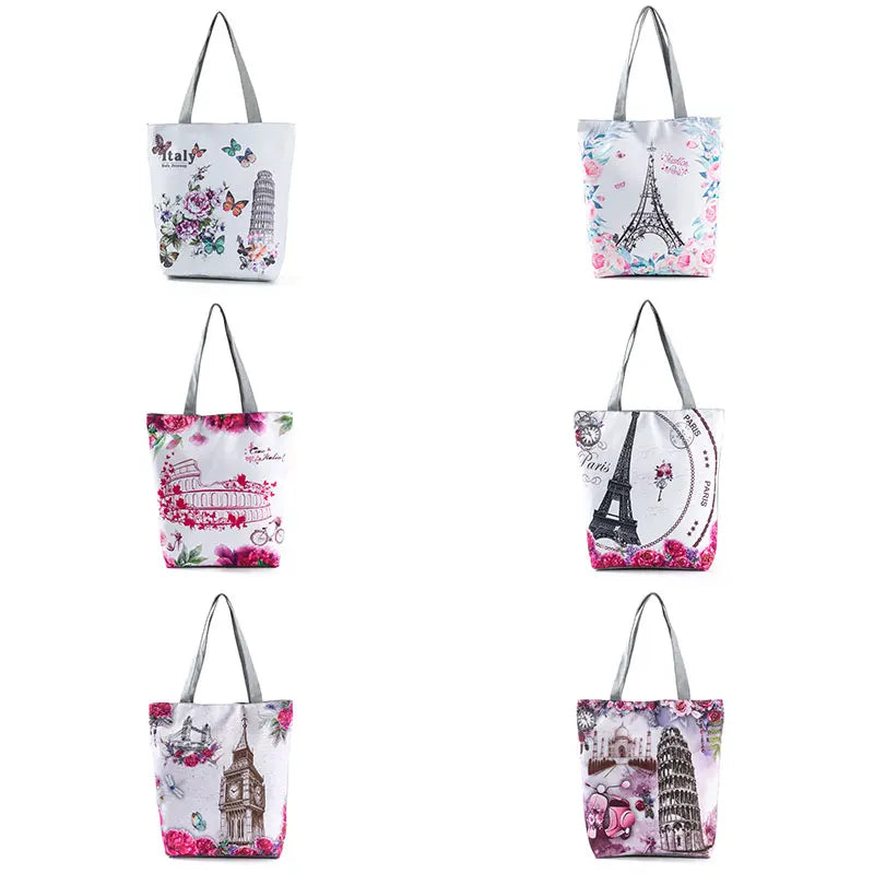 Floral Eiffel Tower Print Tote Bag Paris Landscape Shoulder Bag Fashion Pretty Handbags High Capacity Shopping Bag Eco Beach Bag